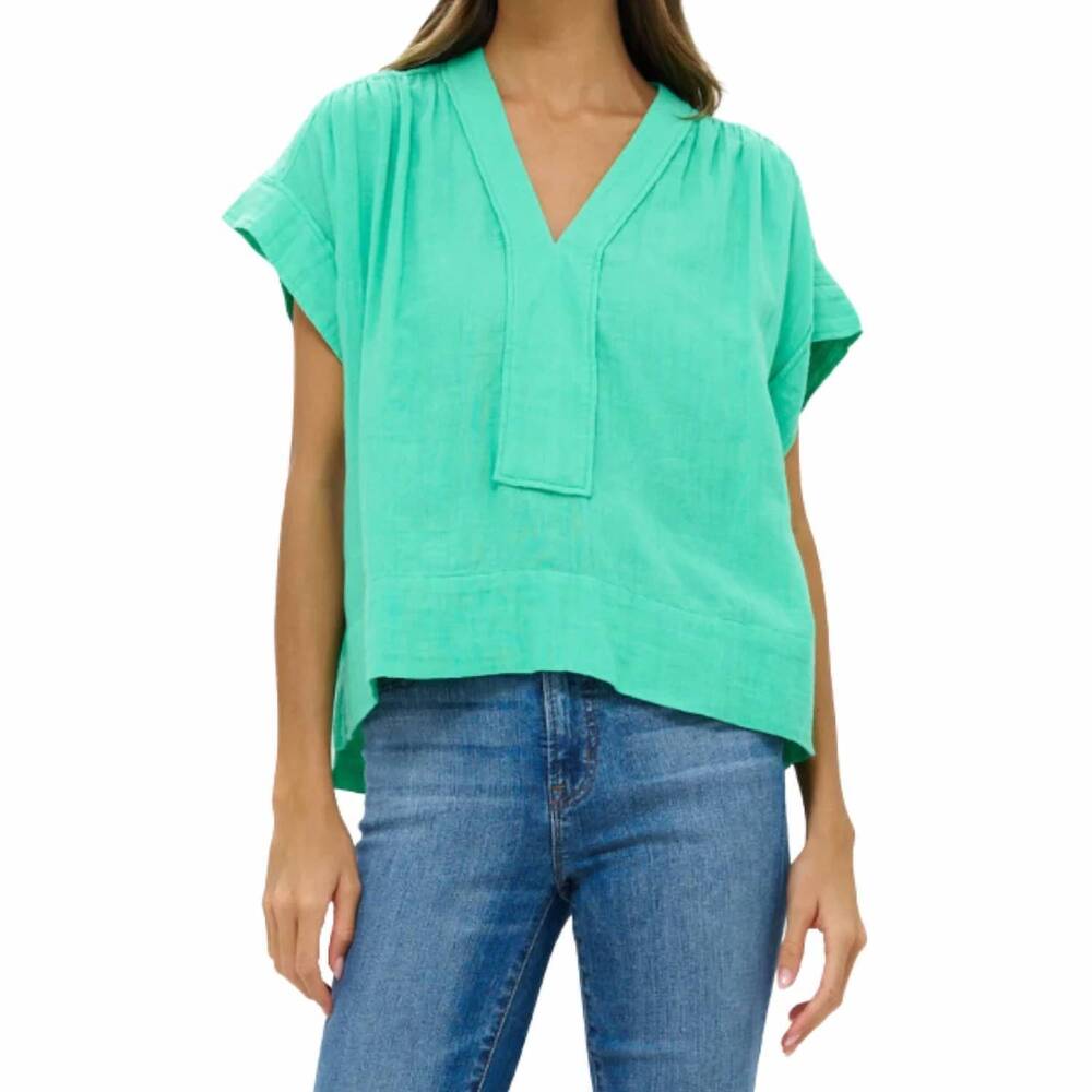 NEW OLIPHANT roll sleeve v-neck top in green